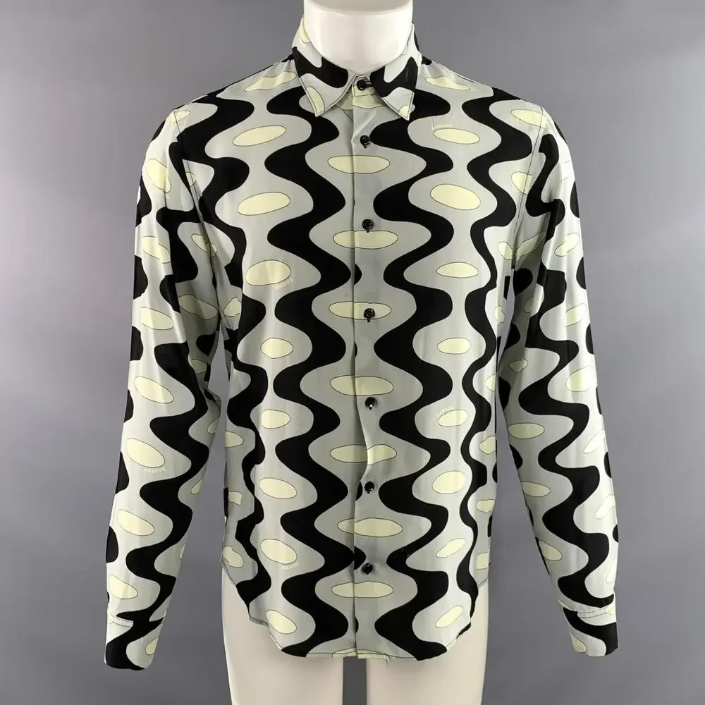 SANDRO Size M Black Light Blue Geometric Viscose Long Sleeve Shirt